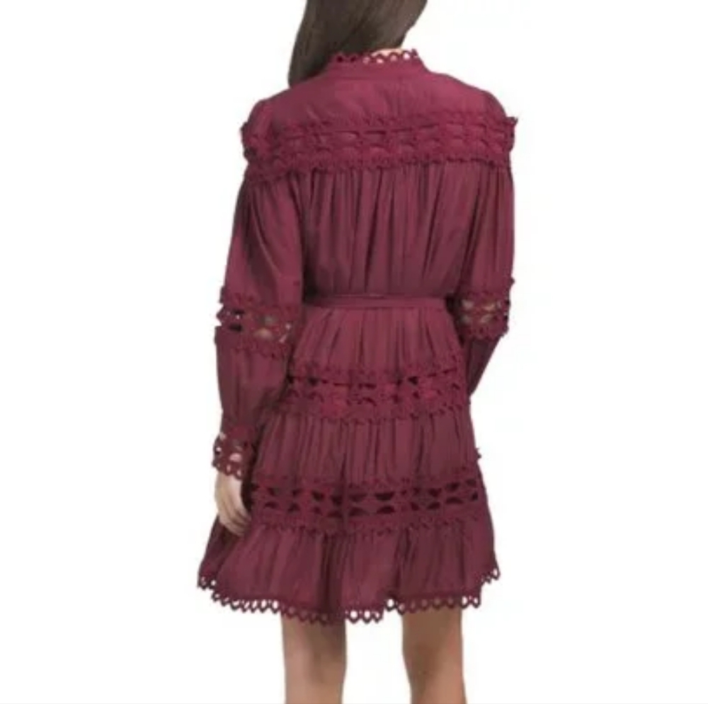 Burgundy Long Sleeve Crochet Trim Dress - Picture 3 of 15